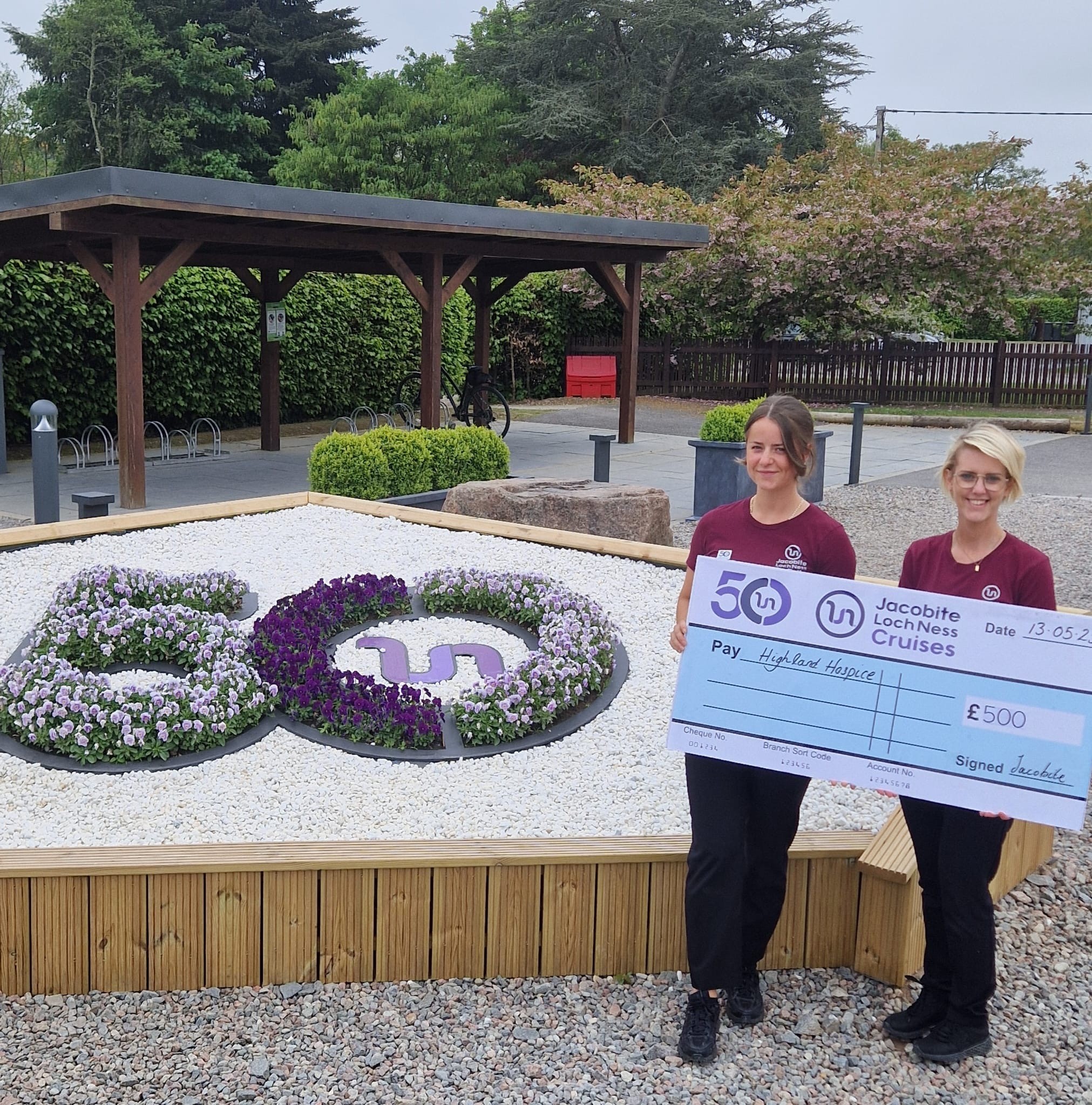 Handing over cheque from Jacobite Loch Ness Cruises to Highland Hospice